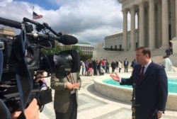 Food Marketing Institute lawyer Evan Young speaks to reporters outside the Supreme Court after the high court heard arguments in the supermarket trade association’s case Monday, April 22, 2019, in Washington.
