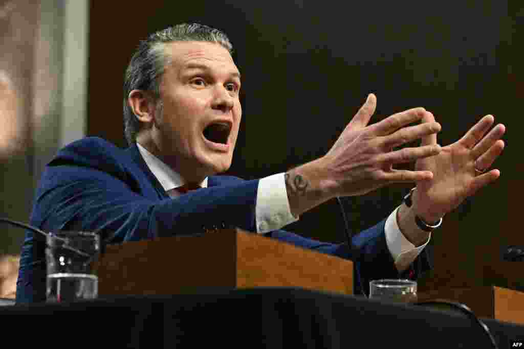 Pete Hegseth, U.S. President-elect Donald Trump's nominee for Defense Secretary, testifies during his confirmation hearing before the Senate Armed Services Committee on Capitol Hill in Washington.