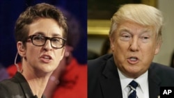 MSNBC 视频电视主持人主持人雷切尔•玛多（左），美国总统川普 