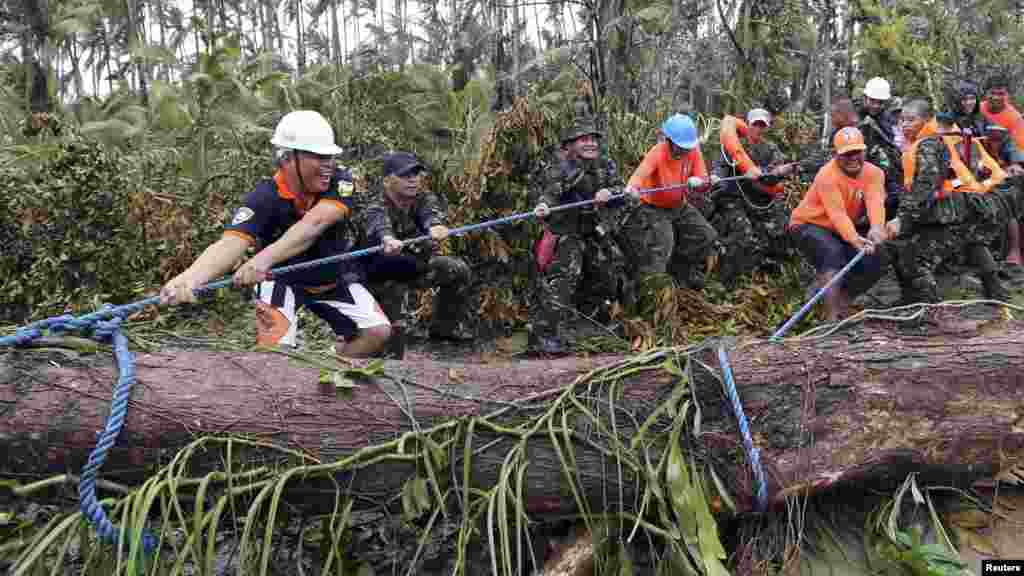 Soldiers join together to pull a fallen tree toppled by Typhoon Hagupit in Eastern Samar, in central Philippines, Dec. 8, 2014.
