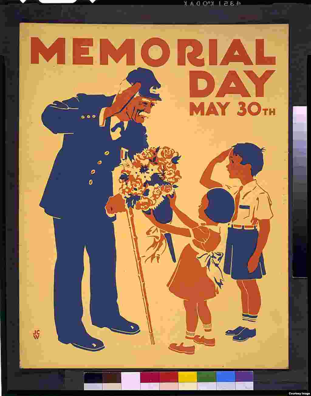 A poster honors veterans, showing a boy and an old soldier saluting each other, and girl presenting the soldier with bouquet of flowers. (photo courtesy of the Federal Art Project in New York, 1936 or 1937]