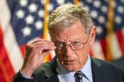 Senate Armed Services Committee Chairman James Inhofe, R-Okla., speaks to reporters following a GOP policy meeting on Capitol Hill, Tuesday, June 30, 2020, in Washington.