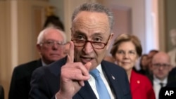 FILE - Senate Minority Leader Chuck Schumer, Democrat-New York, is flanked by colleagues, during a news conference, at the Capitol in Washington, Nov. 14, 2018.