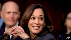 FILE - Kamala Harris appears in Washington, Nov. 5, 2019. Harris, the daughter of immigrants who rose through the California political and law enforcement ranks to become the first female vice president in U.S. history, secured the Democratic Party's presidential nomination. 