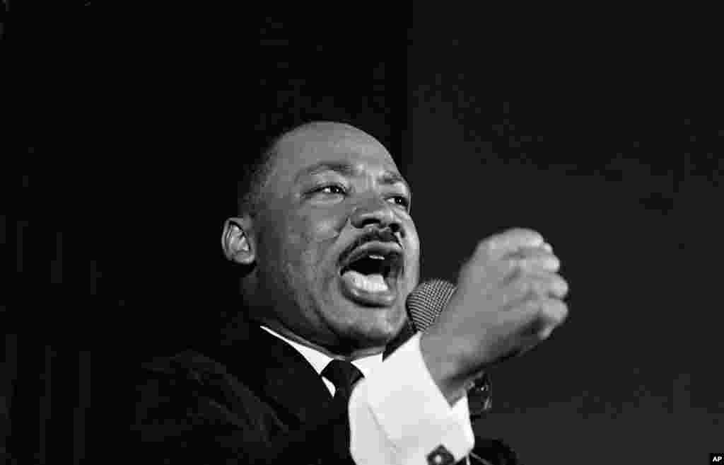 Martin Luther King, Jr. shakes his fist during a speech in Selma, Alabama, Feb. 12, 1965.