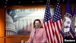 La presidenta de la Cámara de Representantes de EE.UU., Nancy Pelosi, durante una conferencia de prensa el 21 de enero de 2021 en Washington, DC.