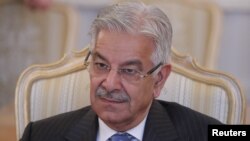 Pakistani Foreign Minister Khawaja Asif attends a meeting with his Russian counterpart Sergei Lavrov in Moscow, Feb. 20, 2018.