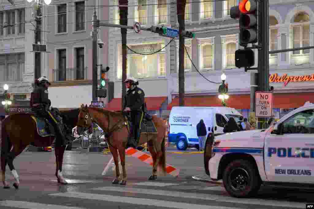 Police cordon off the intersection of Canal Street and Bourbon Street in the French Quarter of New Orleans, Jan. 1, 2025.