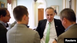 សមាជិកព្រឹទ្ធសភាលោក Chuck Schumer មកពីគណបក្សសាធារណរដ្ឋ កំពុងនិយាយជាអ្នកសារព័ត៌មាននៅអំឡុងពេលសម្រាកការងារនៅរដ្ឋធានី វ៉ាស៊ីនតោន នាថ្ងៃទី១៣ ខែធ្នូ ឆ្នាំ២០១៤។