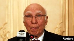 FILE - Sartaj Aziz, Pakistan prime minister Nawaz Sharif's adviser on foreign affairs.