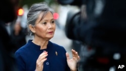 Mu Sochua, deputy leader of the Cambodia National Rescue Party (CNRP), the Cambodian opposition, speaks during an interview with the Associated Press in London, Thursday, Nov. 16, 2017.