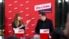 Pemimpin partai Kiri Jerman (Die Linke) Heidi Reichinnek didampingi seorang pimpinan Kelompok Kiri lainnya, memberikan keterangan kepada media di Bundestag Soeren Pellmann, seusai pemilihan umum Jerman di Berlin, 25 Februari 2025. (Lisi Niesner/REUTERS)