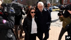 Marcela Topor, wife of former Catalan leader Carles Puigdemont, arrives at the prison in Neumuenster, northern Germany, April 4, 2018 where former Catalan leader Carles Puigdemont is detained.