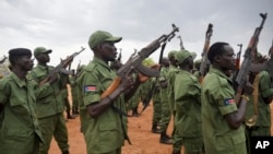 FILE - South Sudanese rebel soldiers raise their weapons at a military camp in the capital Juba, South Sudan, Thursday, April 7, 2016.
