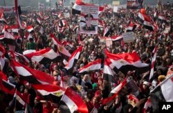FILE- Egyptians wave national flags and hold pictures of Egypt's Defense Minister Gen. Abdel-Fattah el-Sissi, during a rally in Tahrir Square, in Cairo, Egypt, Saturday, Jan. 25, 2014. (AP Photo/Khalil Hamra)