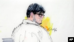 Sketsa gambar, Enrique Marquez saat tampil di pengadilan federal di Riverside, California hari Senin (21/12). 