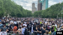 Manifestantes se congregaron en Cadman Plaza Park, Nueva York, donde expresaron solidaridad con la familia del afroamericano George Floyd, muerto a manos de la Policía de Minneápolis el 25 de mayo de 2020. [Foto: Celia Mendoza /VOA].