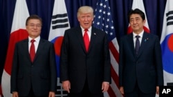 문재인 한국 대통령과 도널드 트럼프 미국 대통령, 아베 신조 일본 총리(왼쪽부터)가 지난 2017년 주요 20개국 정상회의에 참석했다. 