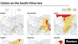 Maps showing the claims of six Asian countries contesting all or parts of the Spratly and Paracel islands in the South China Sea. 