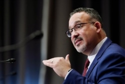 FILE - Miguel Cardona, then President Joe Biden's pick to become education secretary, testifies before the Senate Health, Education, Labor and Pensions Committee during his confirmation hearing in Washington, Feb. 3, 2021.