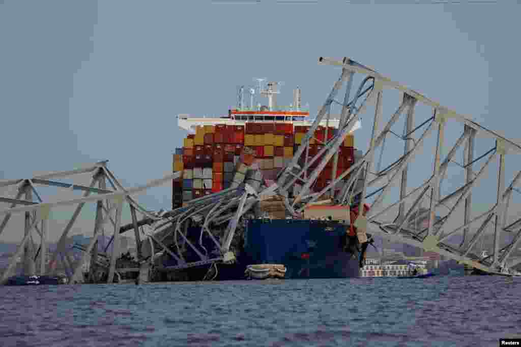 A view of the Dali cargo vessel that crashed into the Francis Scott Key Bridge, causing it to collapse in Baltimore, March 26, 2024. 
