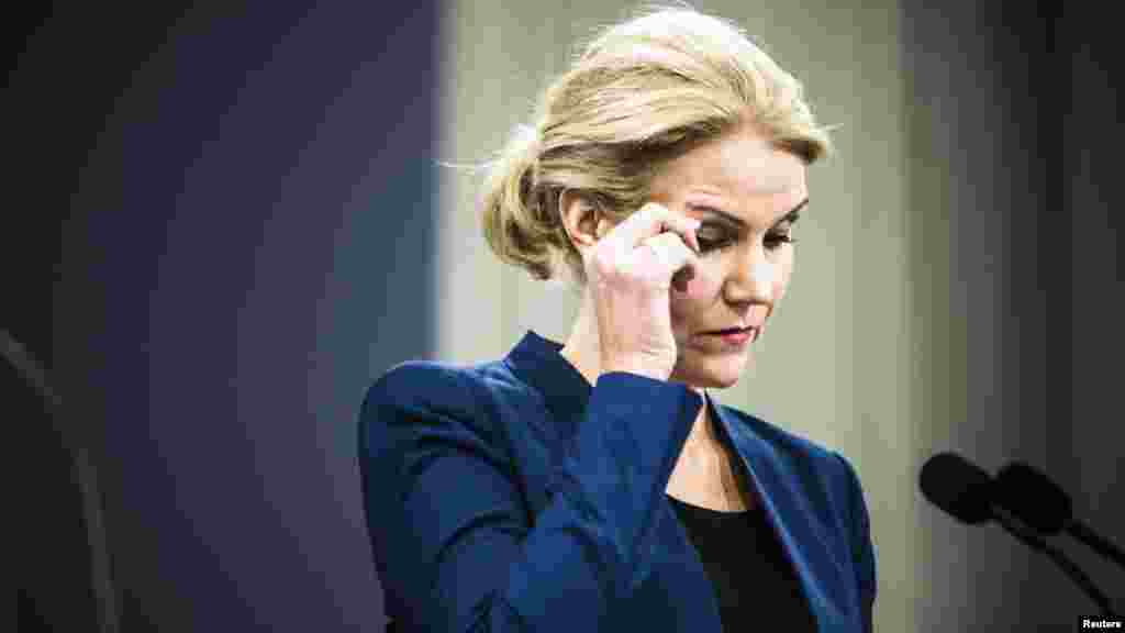 Denmark's Prime Minister Helle Thorning-Schmidt reacts during a news conference on the shootings Saturday in Copenhagen, Feb. 15, 2015.