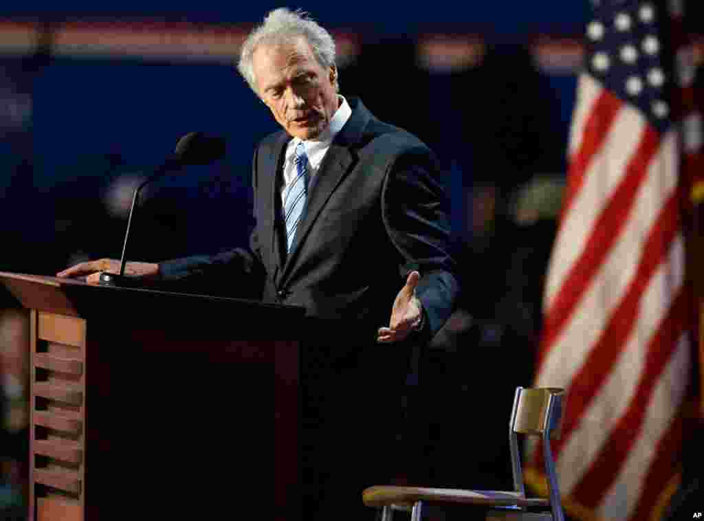 Actor Clint Eastwood speaks to an empty chair on the final night of the convention, August 30, 2012.