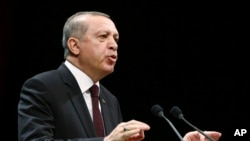 FILE - Turkey's President Recep Tayyip Erdogan addresses a meeting in Ankara, Turkey, Jan. 17, 2017. 