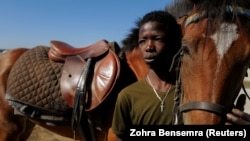 Fallou Diop is a 19-year old horse jockey, currently training to compete in the future with his horse named Raissa Betty, by the Lac Rose, in Niaga, Rufisque region, Senegal, January 27, 2021. (REUTERS/Zohra Bensemra)
