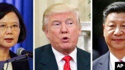Combination of three 2016 file photos showing Taiwan's President Tsai Ing-wen, left, U.S. President-elect Donald Trump, center, and China's President Xi Jinping. 