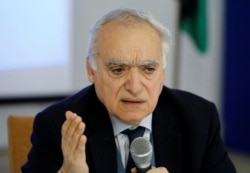 U.N. envoy to Libya Ghassan Salame gestures during a meeting with southern Libyan groups in Tripoli, Libya, Feb. 7, 2018.