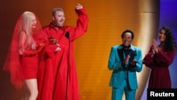 Sam Smith and Kim Petras accept the award for Best Pop Duo/Group Performance for "Unholy" during the 65th Annual Grammy Awards in Los Angeles, California, US, Feb. 5, 2023.
