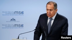 Menteri Luar Negeri Rusia berbicara pada Konferensi Keamanan Munich, di Munich, Jerman, 17 Februari 2018.