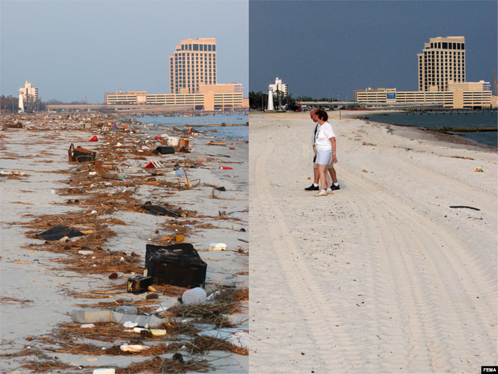 Pantai Harrison County yang diseraki puing-puing sebanyak 25.230 meter kubik di Biloxi, Mississippi, 3 September 2005 (kiri) dan setelah dibersihkan 8 Agustus 2006 (kanan). (FEMA/Mark Wolfe)