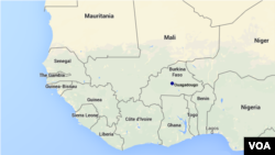 FILE - Map showing the location of Burkina Faso, Ghana and nearby countries.