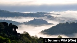 Mist shrouds the view from Celleno into a valley in Lazio, one of the central regions devastated by last week's quake.