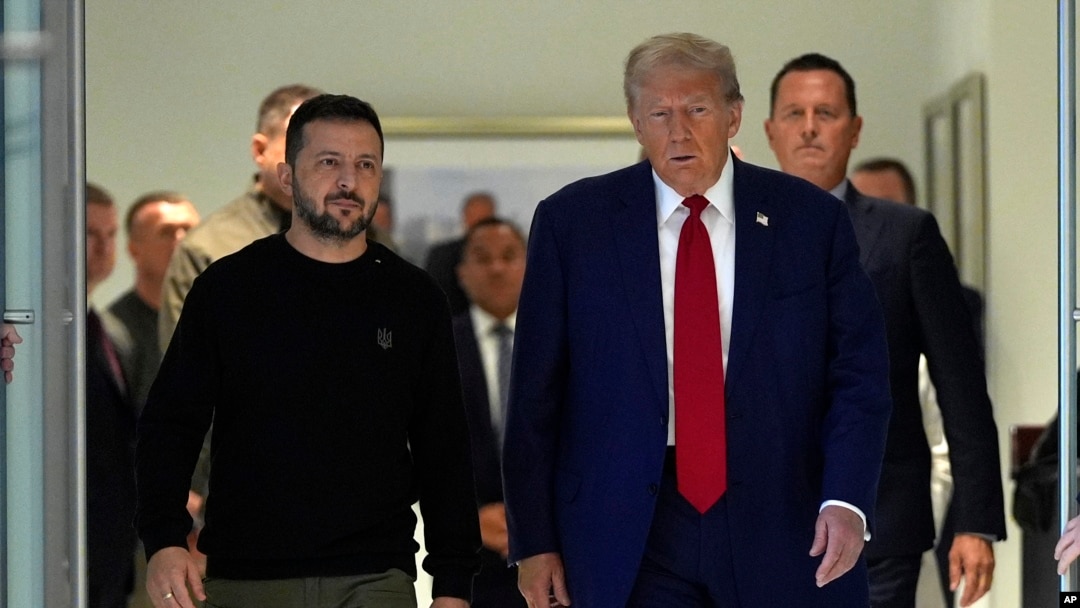 Republican presidential nominee former President Donald Trump meets with Ukraine's President Volodymyr Zelenskyy at Trump Tower in New York, Sept. 27, 2024. 