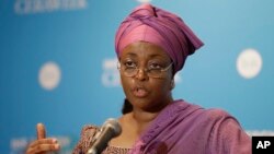 FILE- Former Nigerian petroleum minister Diezani Alison-Madueke answers a question following a speech at the IHS CERAWeek, in Houston, March. 4, 2014