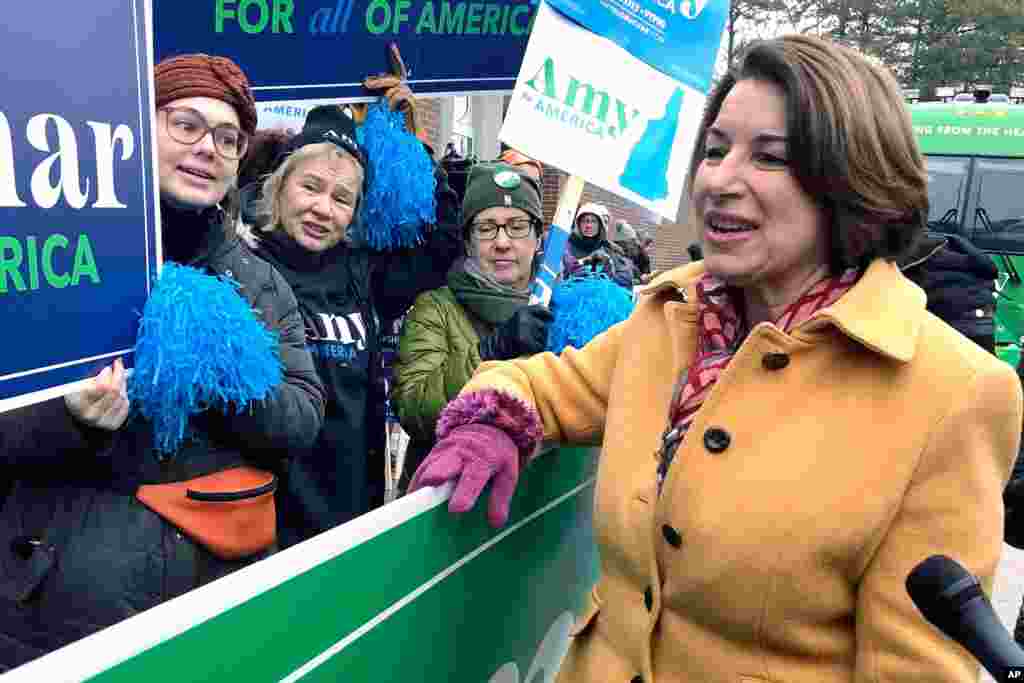 Democratic presidential candidate Sen. Amy Klobuchar greets supporters in Manchester, N.H., Feb. 11, 2020.