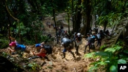 Migrantes, en su mayoría venezolanos, caminan a través del peligroso Tapón del Darién, desde Colombia a Panamá en ruta hacia Estados Unidos, el 15 de octubre de 2022.