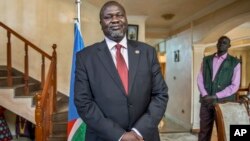 FILE - South Sudan's rebel leader Riek Machar poses for a photograph as he is interviewed by The Associated Press about the situation in South Sudan.