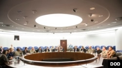 Secretary of Defense Ash Carter meets with Adm. Mike Rogers and his senior staff members at the National Security Agency headquarters on Fort Meade, Md., March 13, 2015.