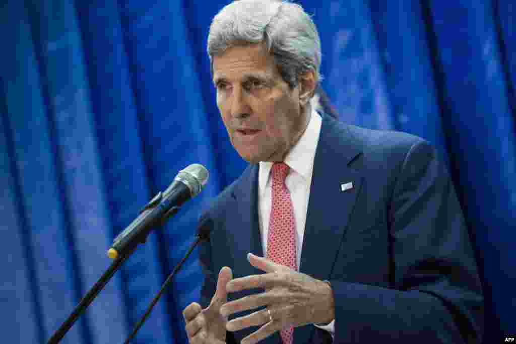 U.S. Secretary of State John Kerry speaks during a press conference at the U.S. Embassy in Baghdad, Iraq, Sept. 10, 2014.