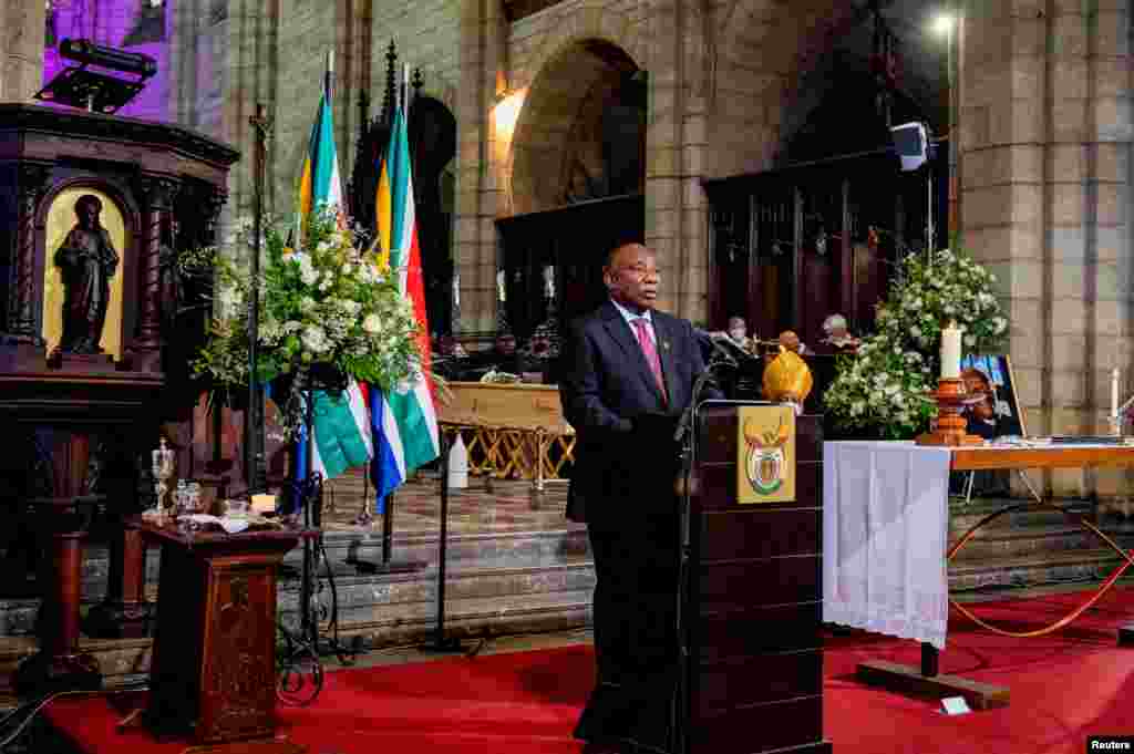 South African President Cyril Ramaphosa speaks during the state funeral of late Archbishop Desmond Tutu at St George's Cathedral in Cape Town, South Africa, Jan. 1, 2022.