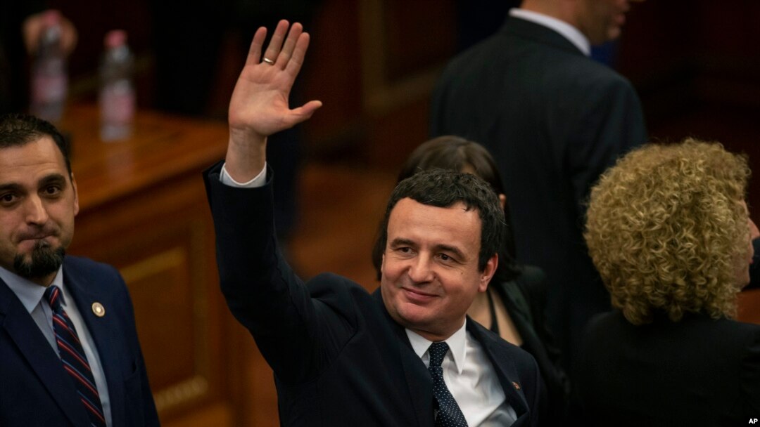 Albin Kurti, the newly elected prime minister of Kosovo, waves after a new government was elected, in the capital Pristina, Feb. 3, 2020.