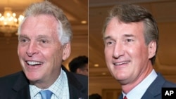 En esta foto combinada, los candidatos a gobernador de Virginia, el demócrata Terry McAuliffe a la izquierda y el republicano Glenn Youngkin aparecen durante el almuerzo de liderazgo en McLean, Virginia, el 1 de septiembre de 2021.