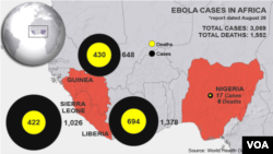 Peta kasus ebola dan jumlah kematian di Afrika Barat hingga 28 Agustus 2014.