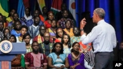 President Barack Obama addresses a Young African Leaders Initiative gathering in Washington, Aug. 3, 2016.