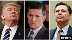 도널드 트럼프 미국 대통령과 마이클 플린 전 국가안보보좌관, 제임스 코미 전 FBI 국장(왼쪽부터).