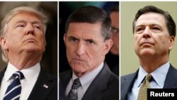 FILE - From left, President Donald Trump, former White House National Security Advisor Michael Flynn, former FBI Director James Comey.